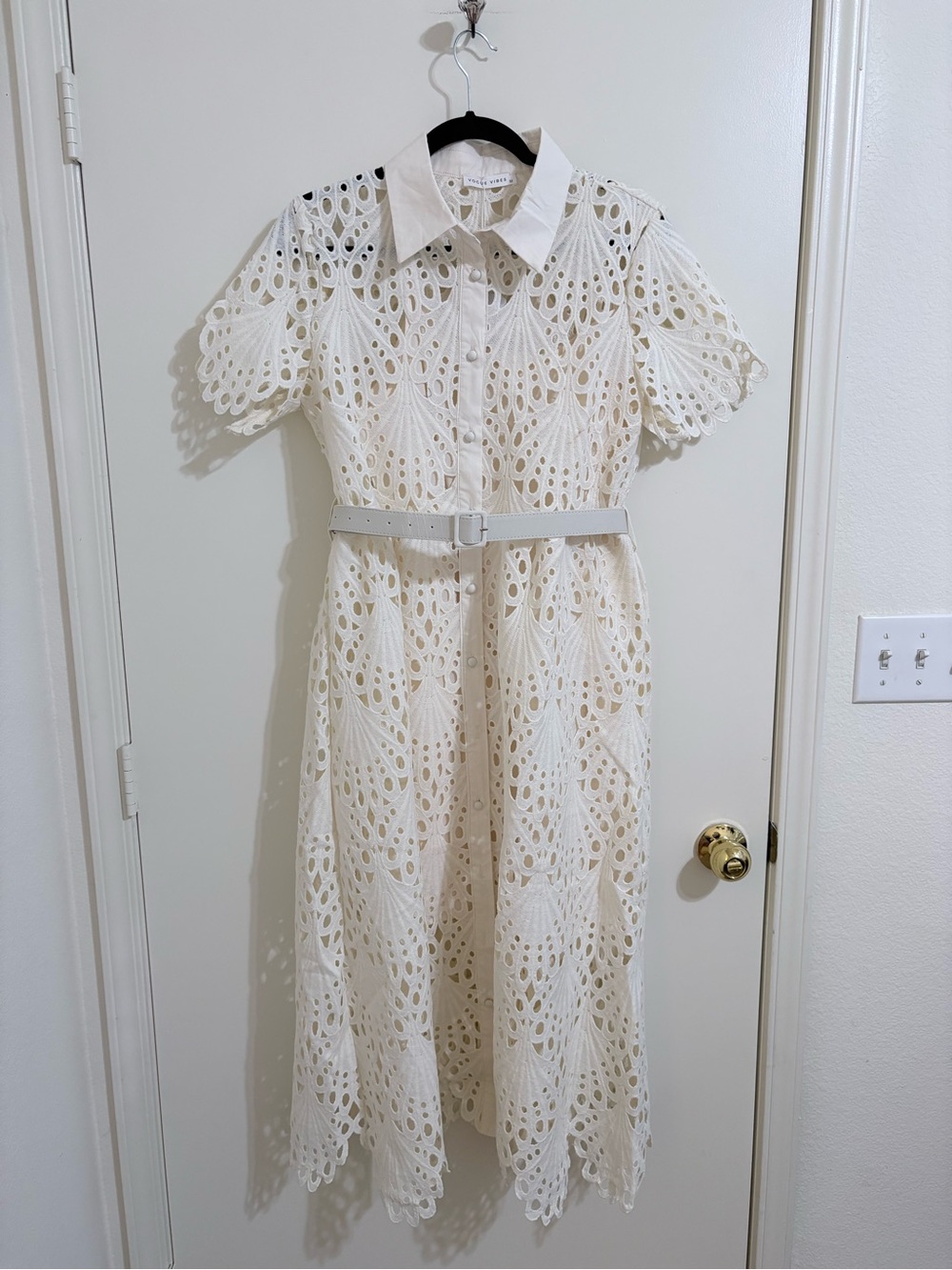 Women's Ivory Eyelet Shirt Midi Dress with Belt